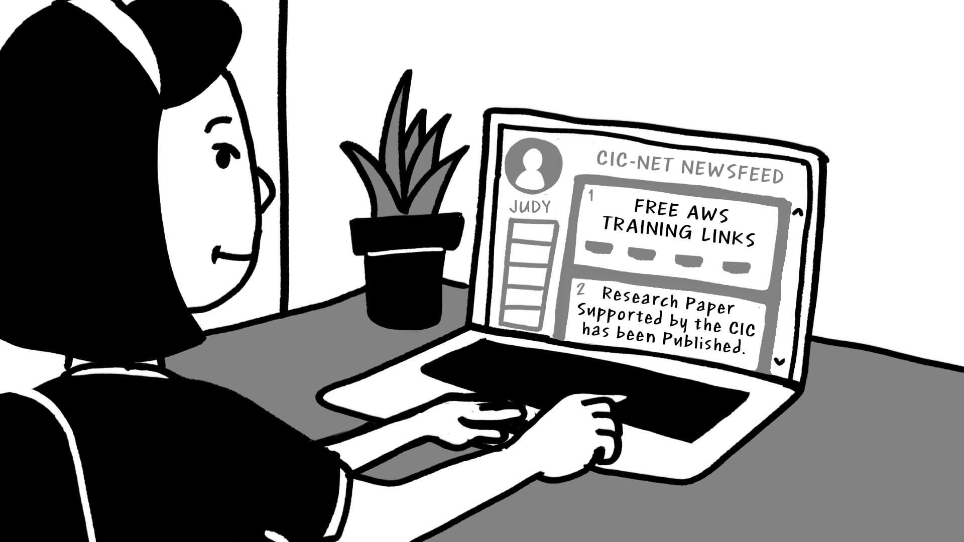 Comic strip with the female character from the previous images using a laptop which screen reads 'Free AWS Training Links' and 'Research paper supported by the CIC has been published'