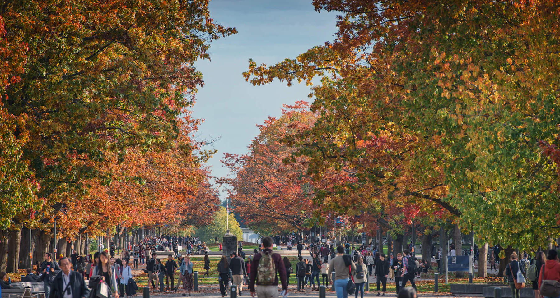 Photograph of UBC Vancouver Campus's Main Mall with the fountain and dozens of people walking.